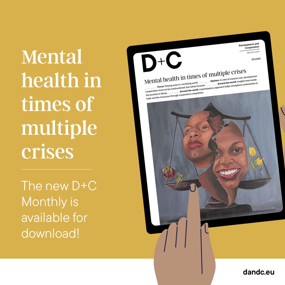 The creative reads: "Mental health in times of multiple crises: The new D+C Monthly is available for download!"
