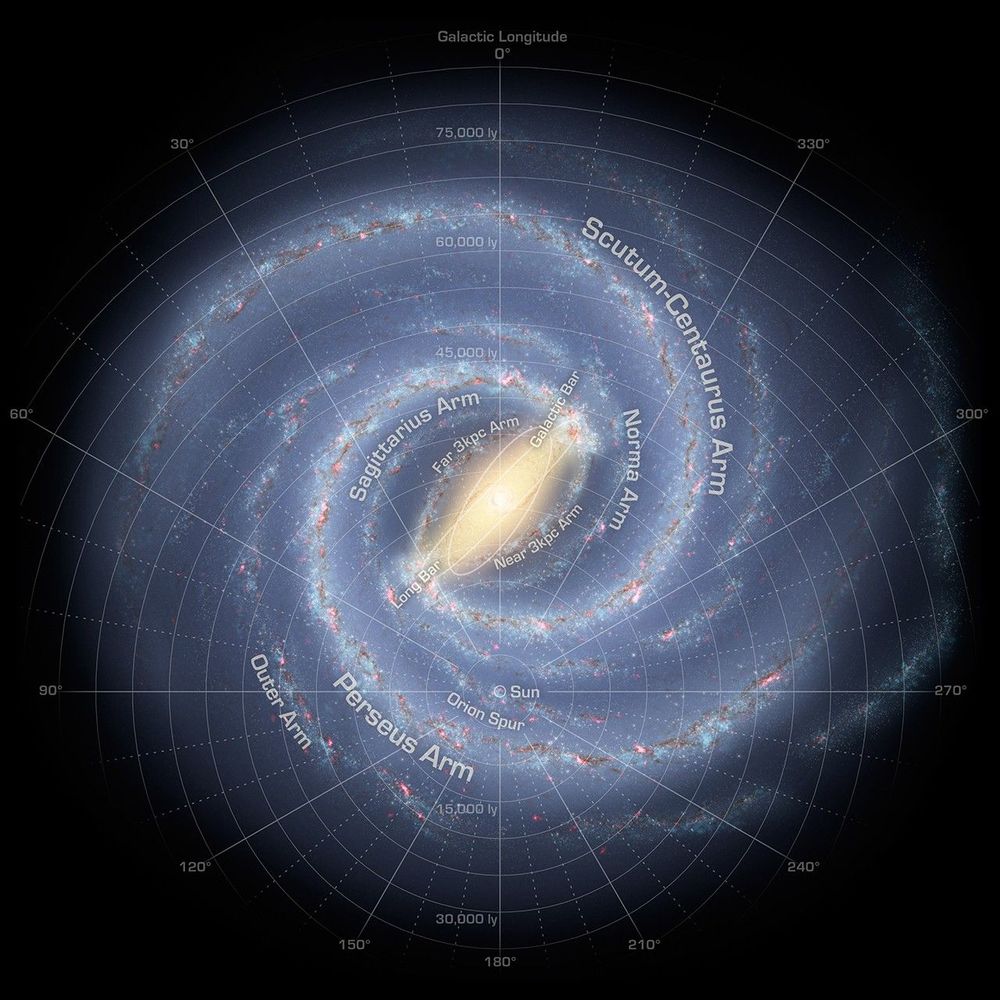 NASA: "The annotated artist's concept illustrates the new view of the Milky Way. The galaxy's two major arms (Scutum-Centaurus and Perseus) can be seen attached to the ends of a thick central bar, while the two now-demoted minor arms (Norma and Sagittarius) are less distinct and located between the major arms.

The major arms consist of the highest densities of both young and old stars; the minor arms are primarily filled with gas and pockets of star-forming activity.

The artist's concept also includes a new spiral arm, called the "Far-3 kiloparsec arm," discovered via a radio-telescope survey of gas in the Milky Way. This arm is shorter than the two major arms and lies along the bar of the galaxy.

Our Sun lies near a small, partial arm called the Orion Arm, or Orion Spur, located between the Sagittarius and Perseus arms."