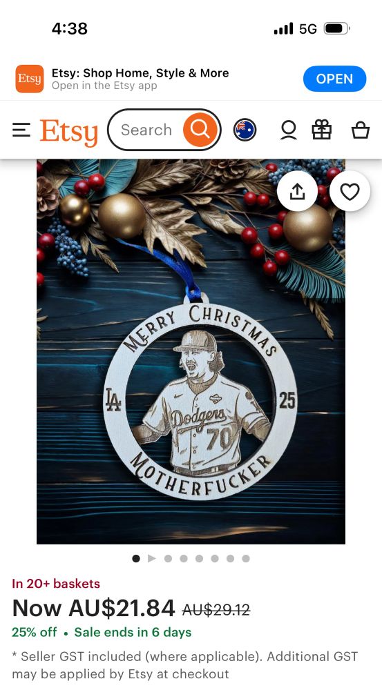 An Etsy seller has Justin Wrobleski tree ornaments available in the “come see me” pose from the benches clearing incident in game seven against Toronto. It’s circular, the pose is a cut out with negative space. Text reads “Merry Christmas Motherfucker” with “LA” in the middle left halfway up and “25” on the opposite side. 