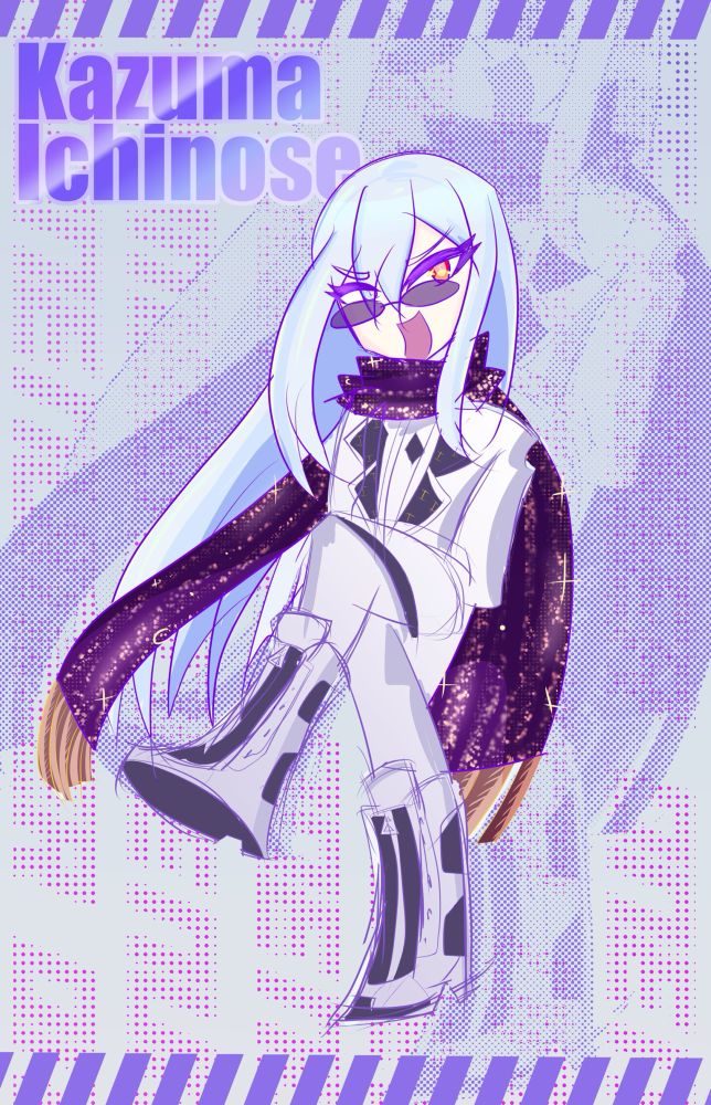 a hyperpop type drawing of kazuma ichinose from tribe nine, sitting down and looking smug. light background version.