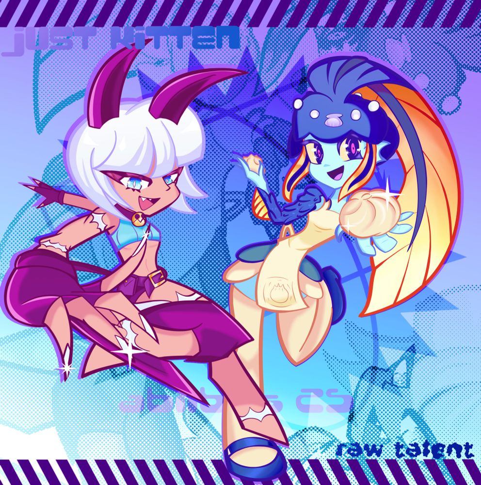 art of minette and ms fortune from skullgirls. they're both together in dynamic poses in front of a lively background. the text 'just kitten' is above ms fortune and is in mezzo angel corgi font by yutaone. by minette is text that says 'raw talent' in poison gum font by yutaone.