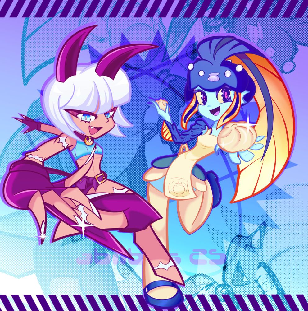 art of minette and ms fortune from skullgirls. they're both together in dynamic poses in front of a lively background. 