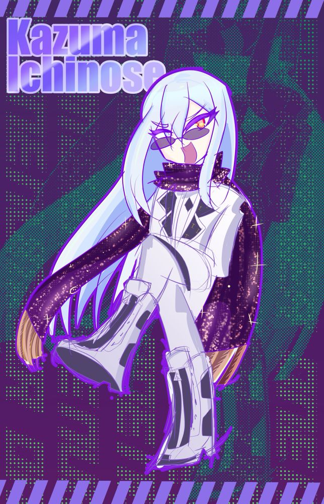 a hyperpop type drawing of kazuma ichinose from tribe nine, sitting down and looking smug. dark background version.
