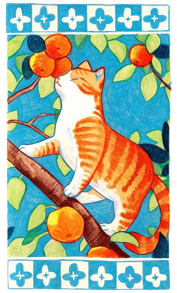 Traditional art done in marker and colored pencil. The picture is bright and colorful. It shows an orange striped cat climbing a branch of a tangerine tree, sniffing the tangerines growing on it. The picture has checker-flower patterns framing it on the top and bottom.