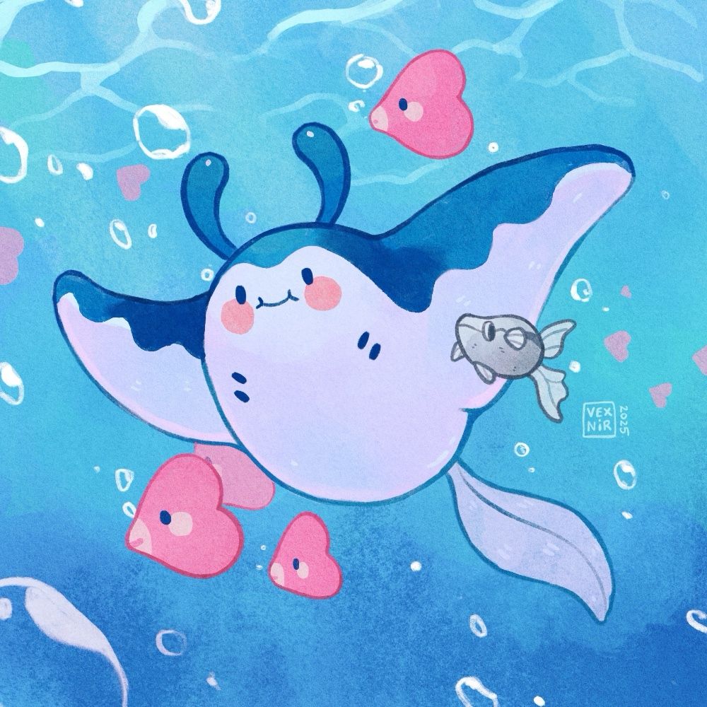 Digital illustration: Pokemon fan art. It depicts Mantine swimming in the sea, with a Remoraid under one of its fins. They’re surrounded by a few Luvdisc, with more of them faintly visible in the background