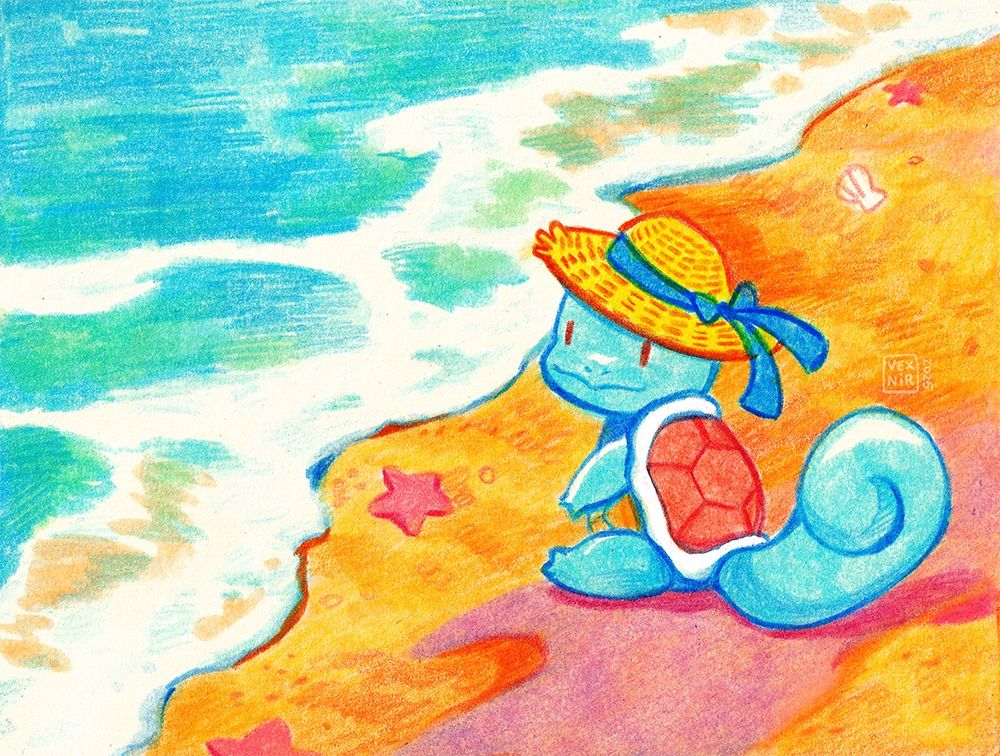 Traditional mixed media art, Pokémon fan art of Squirtle sitting on the seashore. It’s bright and sunny. Squirtle is smiling and wearing a yellow straw hat with a blue ribbon.