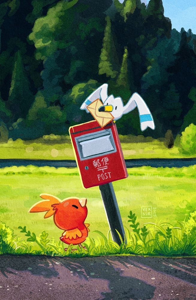 Digital illustration, Pokémon fan art. The picture shows a lone, Japanese, red mailbox by a rural road, with a meadow, river and forest visible in the background. A Wingull sits on the edge of the mailbox with an envelope in its beak, and a Torchic stands by the mailbox, curiously looking up at the other Pokémon.