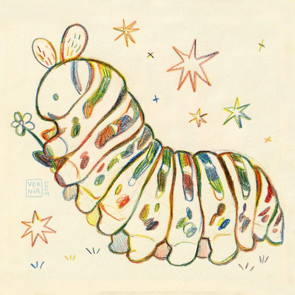 A traditional drawing done with a rainbow pencil. It depicts a cute, plump caterpillar holding a tiny flower