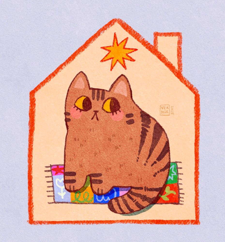 Digital illustration of a cute, cartoony tabby cat sitting on a colorful blanket, surrounded with a house shaped frame that looks as if it were drawn with a crayon. 