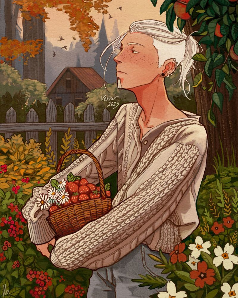 Digital illustration. An OC (Xepher) is standing outside, holding a basket filled with strawberries and some daisy flowers. He’s wearing an oversized cable knit sweater. The setting is the countryside, he is surrounded by flowers and red currant bushes, and a branch of an apple tree in the corner of the image. An old, uneven wooden fence can be seen in the background along with a wooden cottage in the distance. Some golden trees in the background point at the season being early Fall.