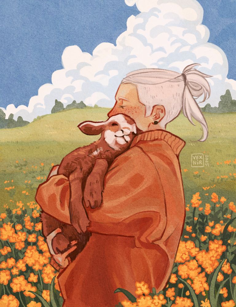 Digital illustration of my OC Xepher holding a baby goat. The goat is brown and white, and it’s snuggled up to Xepher’s face. He is wearing an oversized, orange sweater. They’re standing on a meadow filled with yellow flowers. Hills and trees can be seen on the horizon, under blue sky with a big, fluffy cloud.