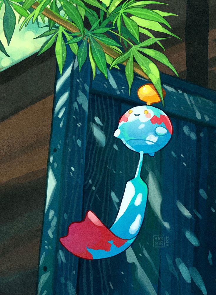 Digital Illustration of the Pokémon Chimecho, hanging out in the shade under a leafy branch in front of a wooden awning. The summer sun’s rays are filtered through the leaves, creating speckles of light.
