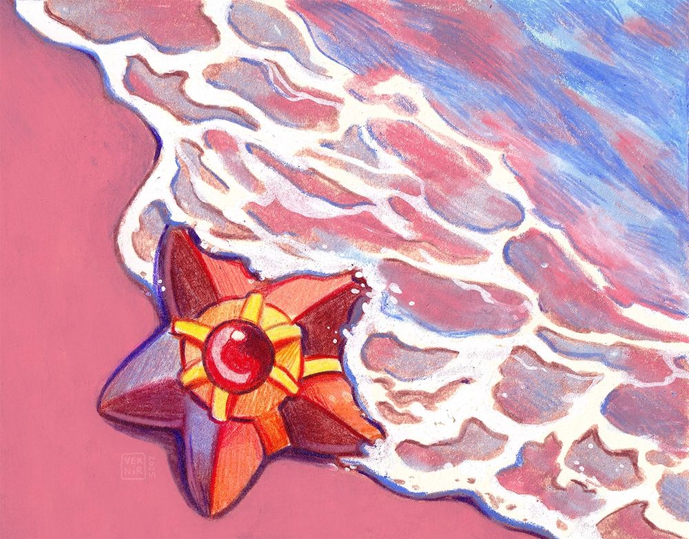 Traditional mixed media artwork, Pokémon fan art. It shows Staryu laying on the seashore, enveloped by a gentle wave of water. 