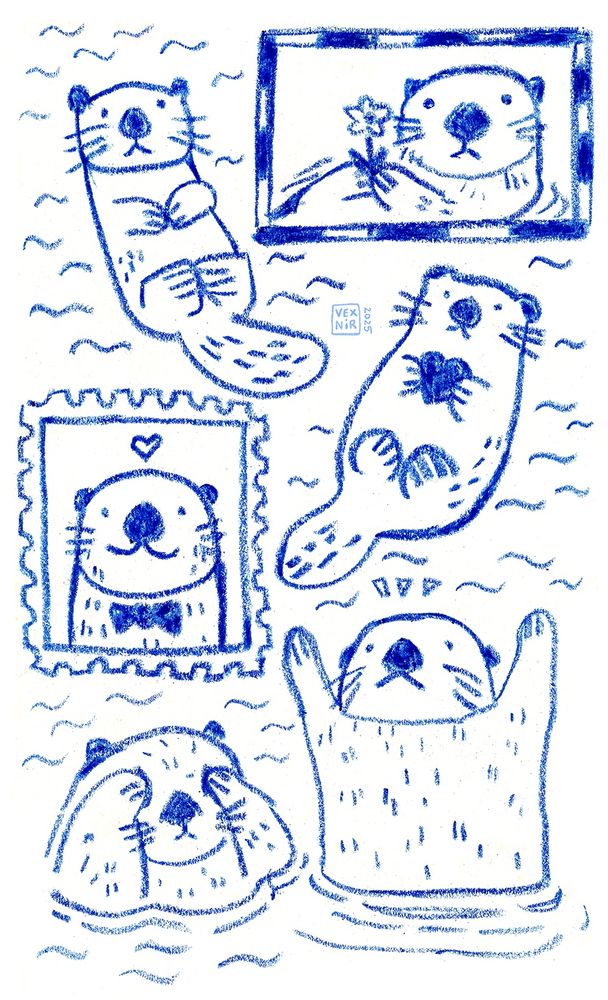 A sketchbook page filled with simplified, cute drawings of sea otters, drawn with a dark blue crayon
