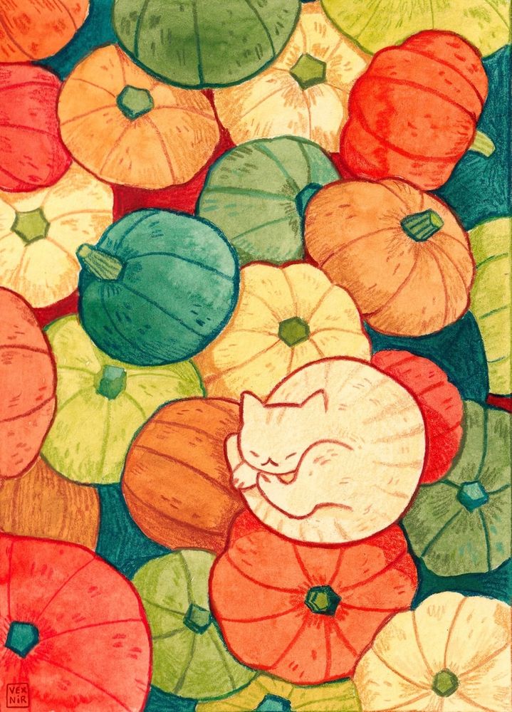 Watercolor illustration of a bunch of colorful pumpkins, with a beige striped cat sleeping on top of them curled up into a ball, slightly resembling the round pumpkins itself.
