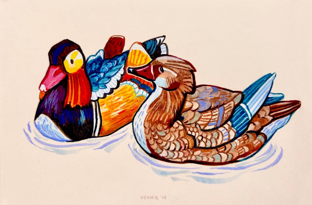 Traditional mixed media artwork of two mandarin ducks, one male, one female, on a beige background.
