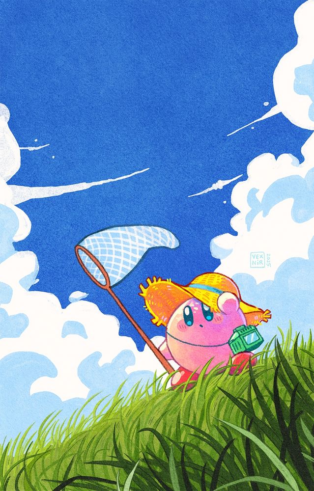 A digital illustration, fan art of Kirby. It shows Kirby standing in an open grassy field on a bright, sunny summer day. He is looking around as he holds the rim of his yellow straw hat with one hand and a large bug net with his other hand. He has a green bug cage slung over his body, like a little sling bag.