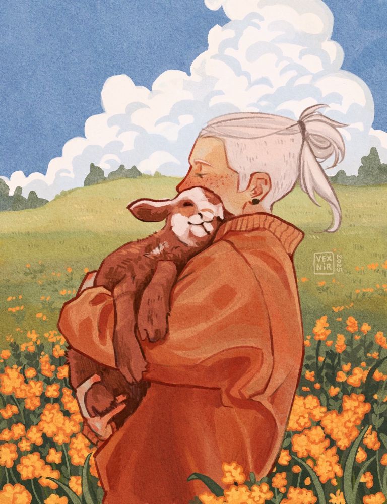 Digital illustration of my OC Xepher holding a baby goat. The goat is brown and white, and it’s snuggled up to Xepher’s face. He is wearing an oversized, orange sweater. They’re standing on a meadow filled with yellow flowers. Hills and trees can be seen on the horizon, under blue sky with a big, fluffy cloud.