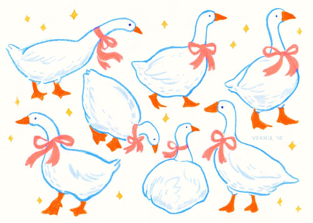 Traditional art - a sketchbook page done with wax pastels, featuring a bunch of cute, cartoony geese with pink bows around their necks. They’re on a white background, with yellow sparkles randomly scattered throughout the page.