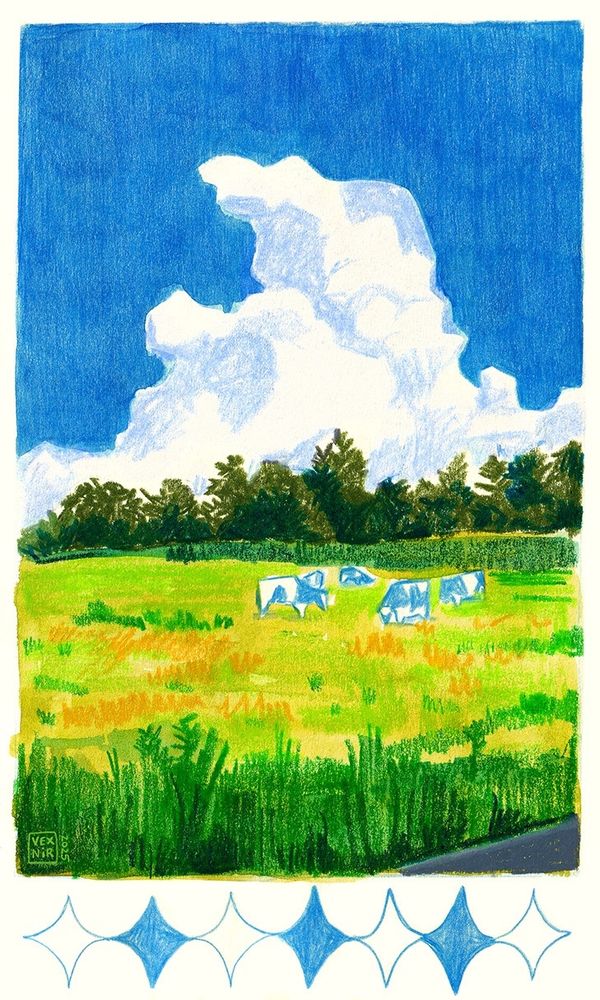 Mixed media traditional drawing of a green field on a bright summer day. Blue cows are grazing in the grass. There’s a big fluffy cloud over the field, and the sky is deep blue. There’s a pattern of scribbly 4-pointed stars below the main drawing.