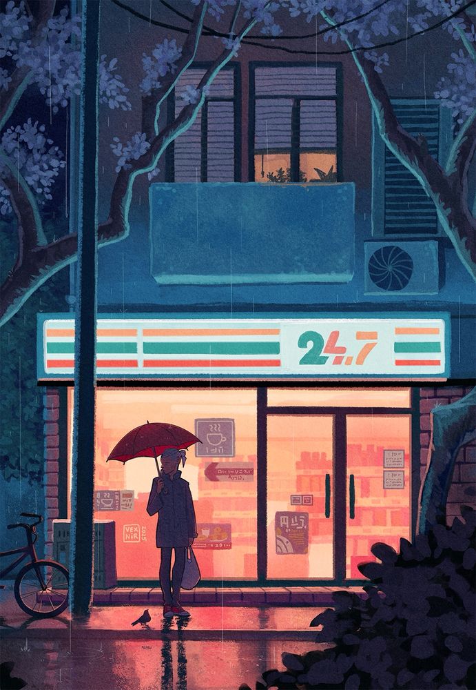 Digital illustration. It’s a rainy night in spring. The picture shows the front of a convenience store, with warm light coming from the inside, standing out among the blue hues of the night. 

A man (my OC) holding a red umbrella and a shopping bag is standing in front of the store, watching a little bird by his feet. The bird is looking back at him. There’s a bike resting against a utility pole next to them.

The ground is wet and full of reflections. Two cherry blossom trees are towering above the street. There’s a small balcony and a dimly lit window above the store.