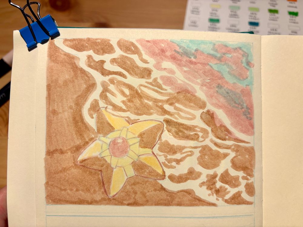 A work in progress picture of an illustration of the Pokémon Staryu laying on the seashore. The drawing only has a marker layer, messy, streaky and muddy.