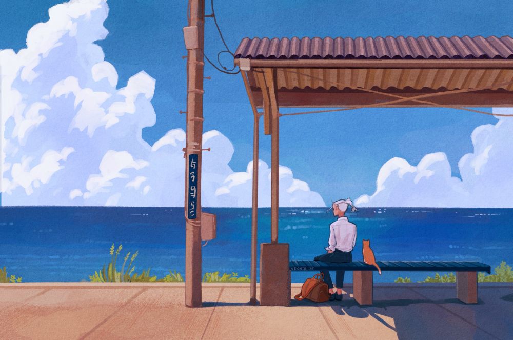 Digital illustration. A serene scene, it’s a bright day at the seaside. A man (OC, Xepher) sits on a bench at a train stop, watching the ocean. He’s wearing a white dress shirt, navy slacks and black shoes. A travel bag lies on the ground next to him. Right by his side, sitting on the same bench, there’s an orange cat keeping him company, looking towards the fluffy clouds over the horizon.