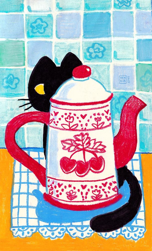 Traditional drawing in wax pastel. It depicts a black cat peeking from behind a vintage, tall teapot. The teapot is white with a red handle and neck, and red floral and cherry patterns. It’s standing on a white, lacy handkerchief with a blue plaid pattern. The table it’s on is a bright, sunny yellow. The wall behind it all is composed of tiles in various shades of pastel blue and cyan.