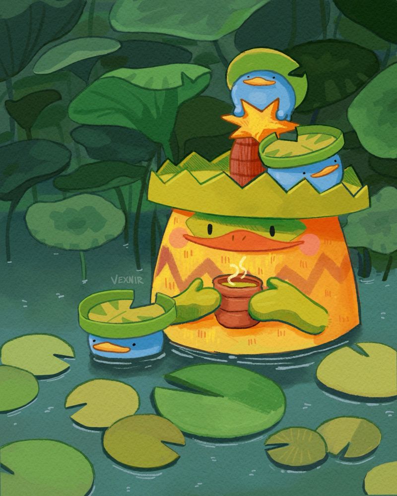 Digital illustration, Pokémon fan art. The artwork depicts a pond filled with lily pads, and in the middle of it, Ludicolo is sitting with a happy expression and a cup of green tea in its hands. One Lotad is floating next to it in the water, and two more are playing around on top of Ludicolo’s hat.