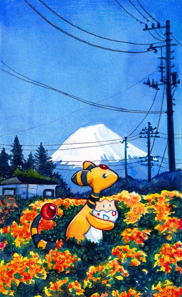 Traditional fan art in watercolor and colored pencil. It’s an illustration showing the Pokémon Ampharos, with a little Togepi in its arms, standing among bushes full of yellow flowers. A small house, trees and electrical poles can be seen in the background, with Mt. Fuji faintly hovering over them in the distance.