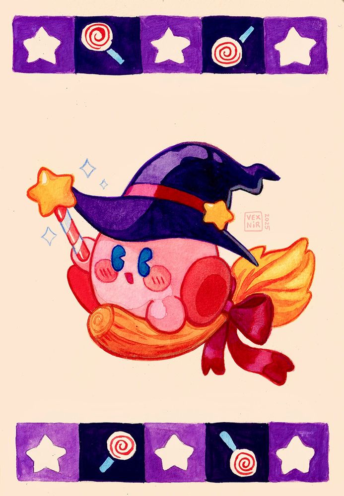 Watercolor and gouache painting of Kirby in a witch hat, holding a star wand as he flies on a broom