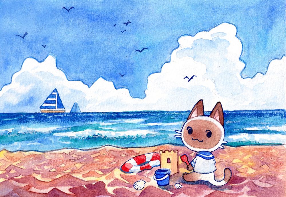 Traditional illustration in watercolor, showing a cartoony cat in a sailor shirt sitting on the beach and working on a little sandcastle. It’s a clear, pretty day, and some boats can be seen in the distance, along with birds in the sky.