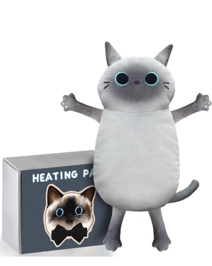 A large, flat stuffed animal of a grey siamese cat with arms and legs outstretched.