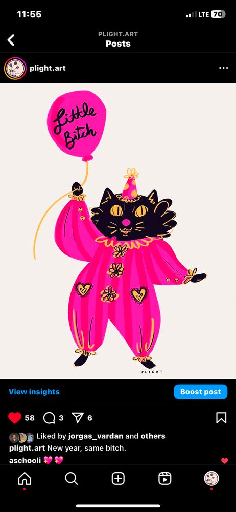 Little Bitch, cat clown illustration, holding a balloon that reads, "Little Bitch".