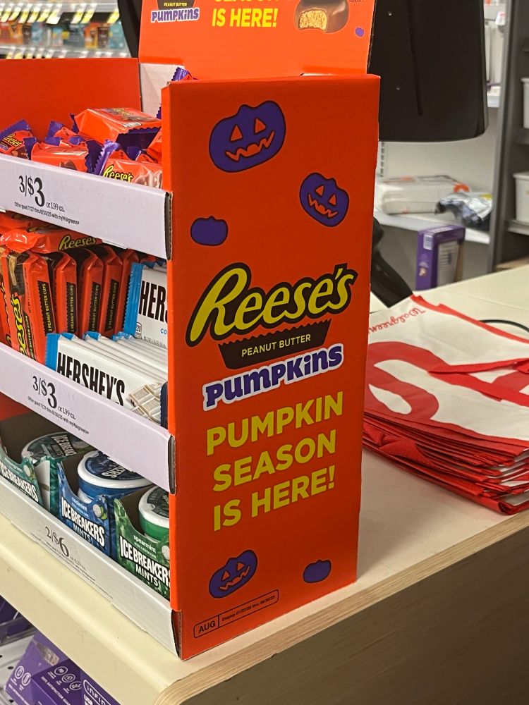 A promotional box for Reese’s candy: “Pumpkin season is here!” 