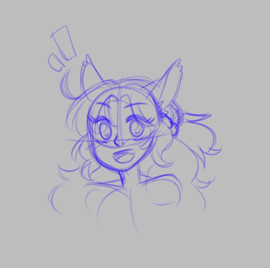 a rough bust sketch of a happy, excited Miqo’te girl