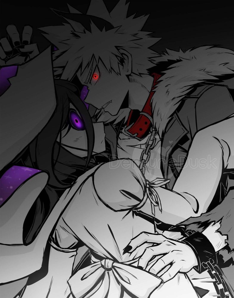 Bakugou as a werewolf holding Munashi as a hooded ghost around her hip. His other hand pinned against the far left. The artwork is black and white with different grey tones, the only bit of colors are; Munashi's inside of the hood and glowing purple eye, and Bakugou's dog collar and glowing red eye. With a dark gradient on top and a ghostly white gradient at the bottom.