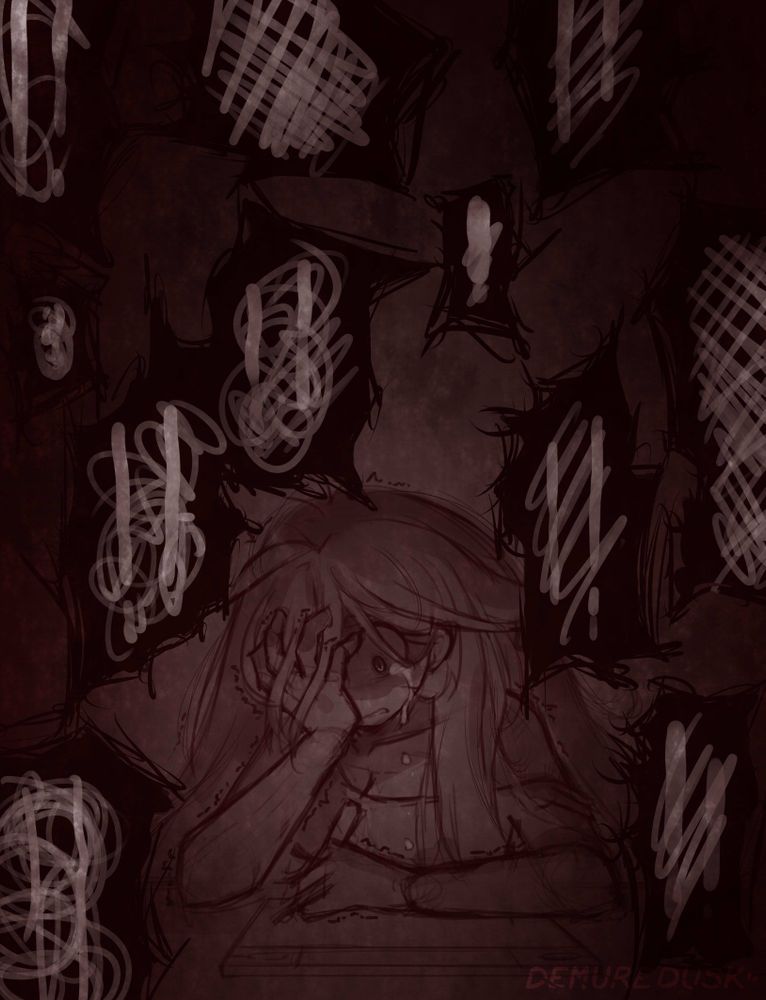 Kyjana struggling to draw, clutching her tablet pen in one hand as the other holds her face, covering her one eye while crying. Noisy speech bubbles surround her as a form of PTSD response to the trauma she went through in the past. Drawing was REAL hard to pick up in 2023 and I still struggle with it today in 2025