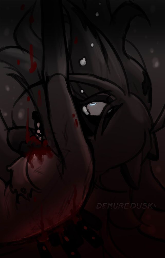 Kassia, a raccoon sinner demon, drowning in the depths of water. Her arm reaching out as tear drops float upward, having a horrified wide eye expression from the side. Clutching her other hand by her chest that holds a blade stabbed through her chest bleeding. Several knives in her back stabbed, with blood floating upward.