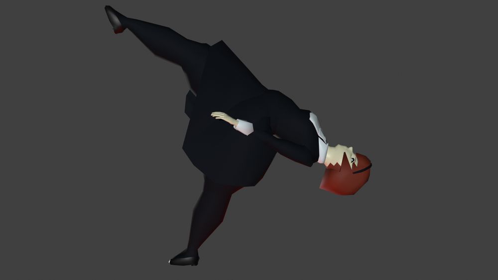 low poly 3d Dorothy form The Big O anime on toonami with a bottom heavy chubby pear figure doing a stiff exaggerated kick leaning back