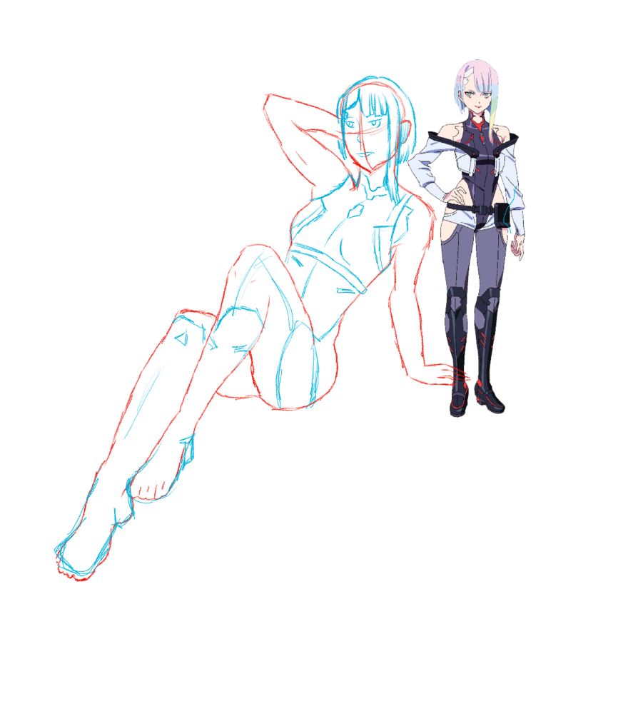 Posing sketch of Lucy from Cyberpunk Edgerunners leaning back with legs at an angle