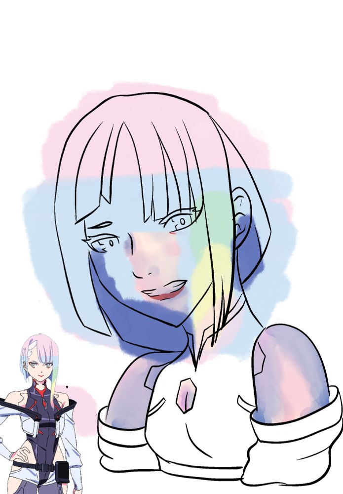 bust and up sketch of Lucy from Cyberpunk Edgerunners, partially inked and the beginning of color