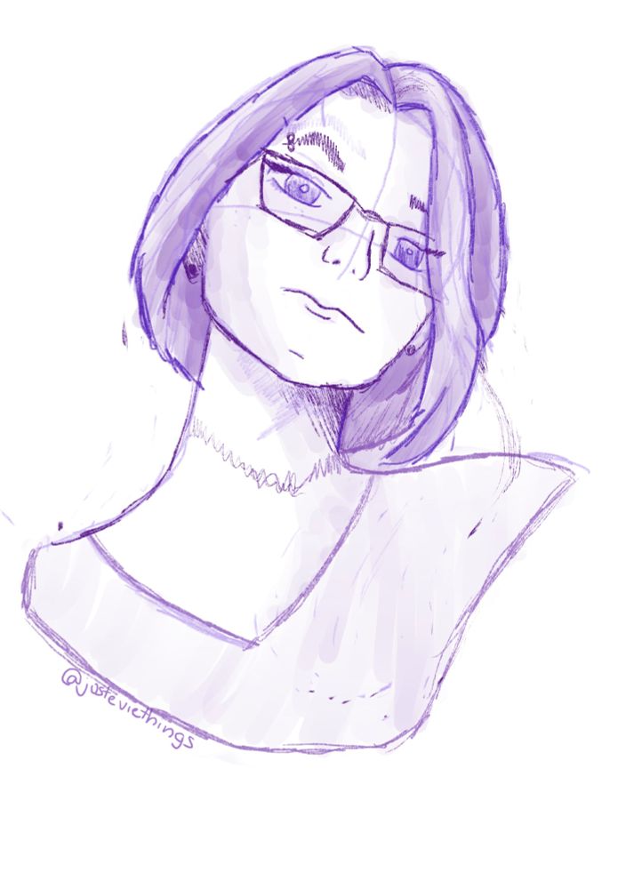 Purple sketchy headshot of person wearing glasses tilting head to side