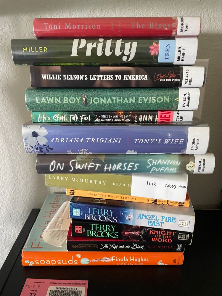 A stack of books featuring various titles and authors, including "The Bluest Eye" by Toni Morrison, "Pritty" by Keilin Miller, and "On Swift Horses" by Shannon Pufahl and many others. The books are arranged vertically with library tags