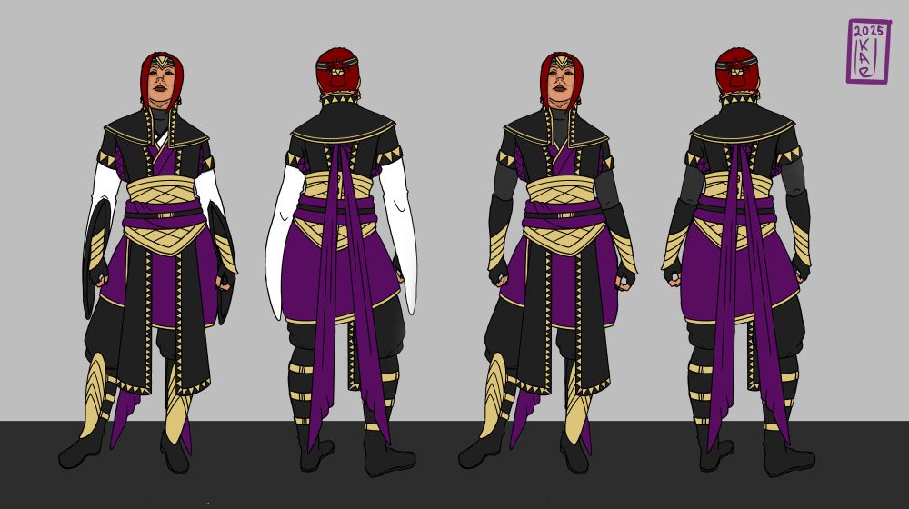 Concept art of a person with red hair and tanned skin wearing variations of decorative robes and armor in purple, black, white and gold.