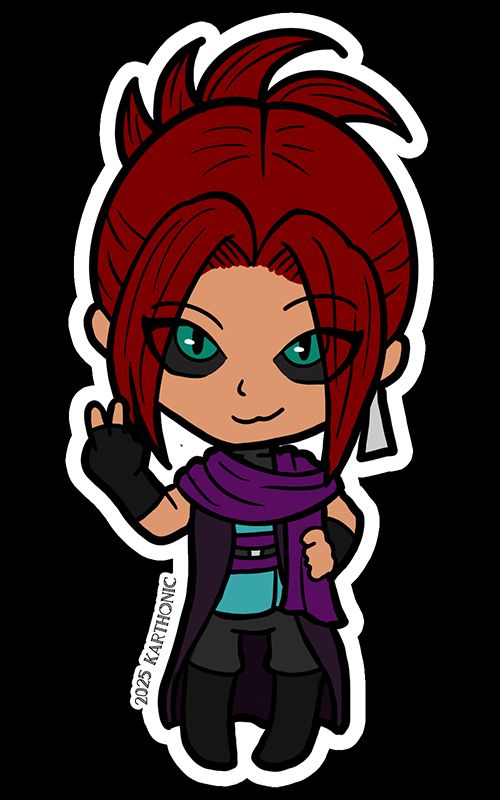 Stylized art of an original character. She has bright red hair up in in a updo, tanned skin, and  green eyes with slightly slit pupils on black sclera. She is dressed in a turquoise tunic, dark purple vest, grey pants and boots. draped around her neck is a lighter purple scarf that matches the sash around her waist. She has one hand on her waist and the other making a rude reverse V gesture.