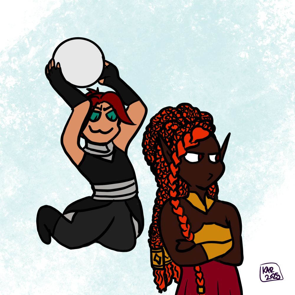 In a simple drawn style the left a person with tanned skin and red hair dressed in black and silver is poised leaping with a large snowball raised over their head. On the right foreground, a person with orange hair in elaborate braids with hard brown skin and elegant red and gold clothes is unaware of the surprise figure behind them
