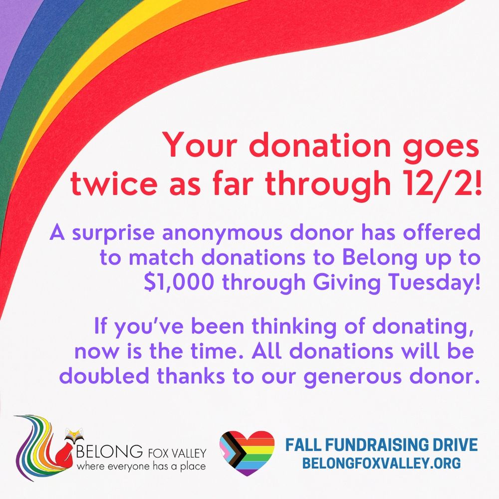 Your donation goes twice as far through 12/2! A surprise anonymous donor has offered to match donations to Belong up to $1,000 through Giving Tuesday!

If you’ve been thinking of donating, now is the time. All donations will be doubled thanks to our generous donor.