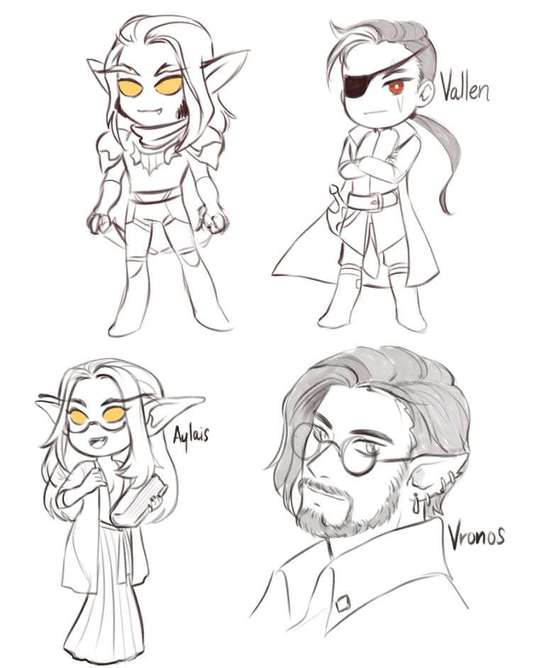 4 pictures of World of Warcraft characters: 1 male night elf chibi, 1 male human chibi, 1 female night elf chibi, and 1 male dracthyr visage portrait