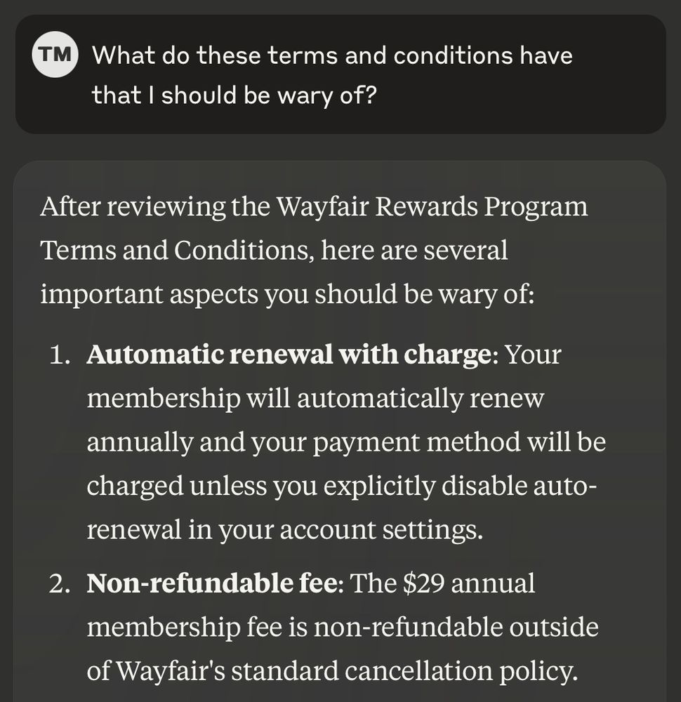 Prompt asking AI to review terms and conditions